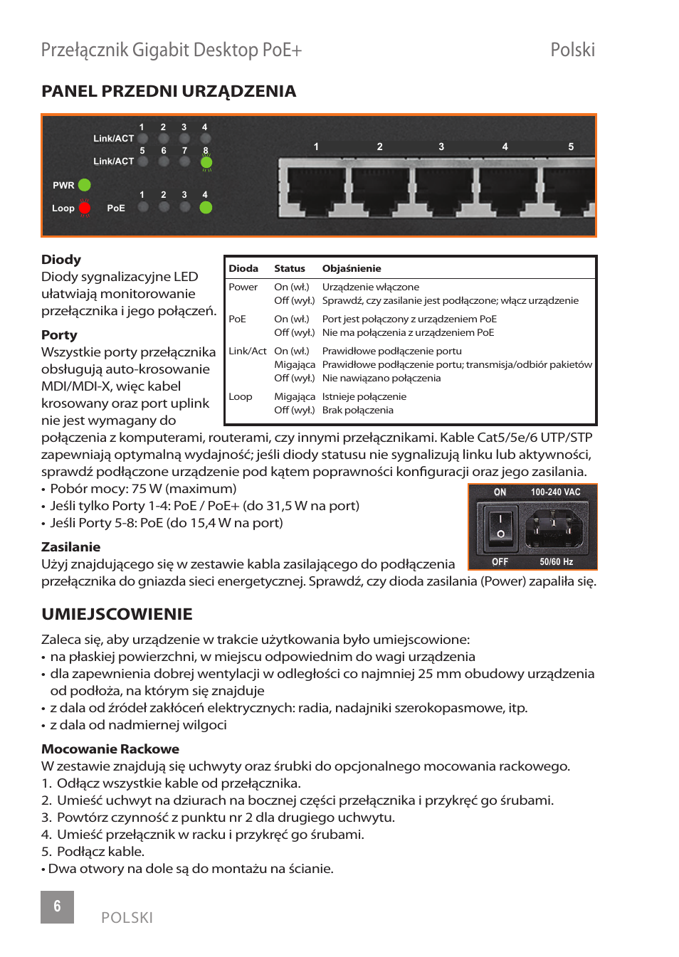 Przełącznik gigabit desktop poe+ polski, Panel przedni urządzenia, Umiejscowienie | 6polski | INTELLINET NETWORK 560856 8 Ports Gigabit PoE+ Desktop Ethernet Switch (4+4) User Manual | Page 6 / 12