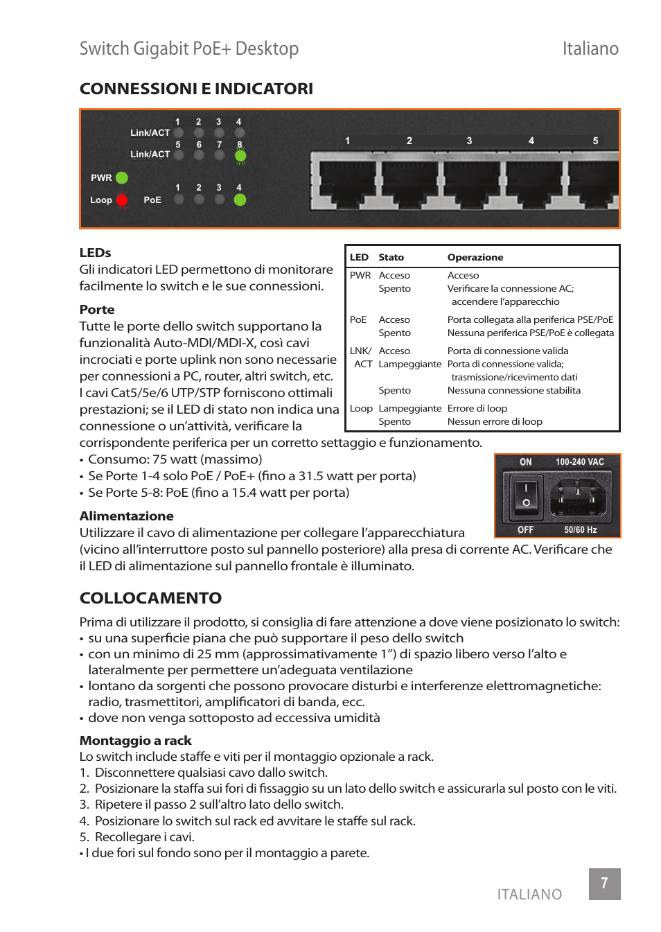 Switch gigabit poe+ desktop italiano, Connessioni e indicatori, Collocamento | Italiano 7 | INTELLINET NETWORK 560856 8 Ports Gigabit PoE+ Desktop Ethernet Switch (4+4) User Manual | Page 7 / 12