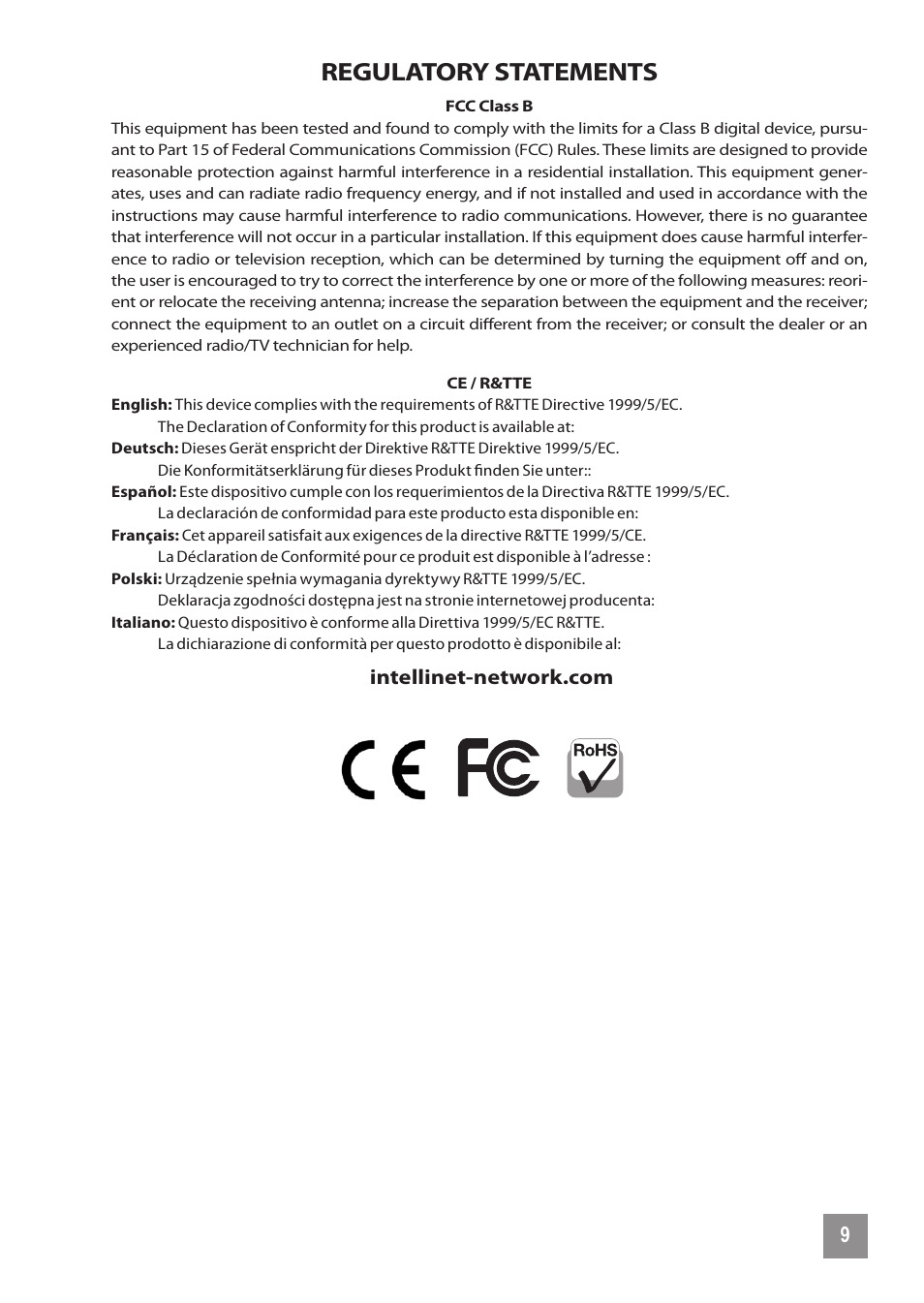 Regulatory statements | INTELLINET NETWORK 560856 8 Ports Gigabit PoE+ Desktop Ethernet Switch (4+4) User Manual | Page 9 / 12