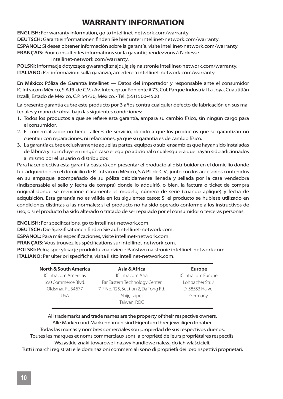 Warranty information | INTELLINET NETWORK 560641 8 Ports Gigabit PoE+ Desktop Ethernet Switch User Manual | Page 10 / 12