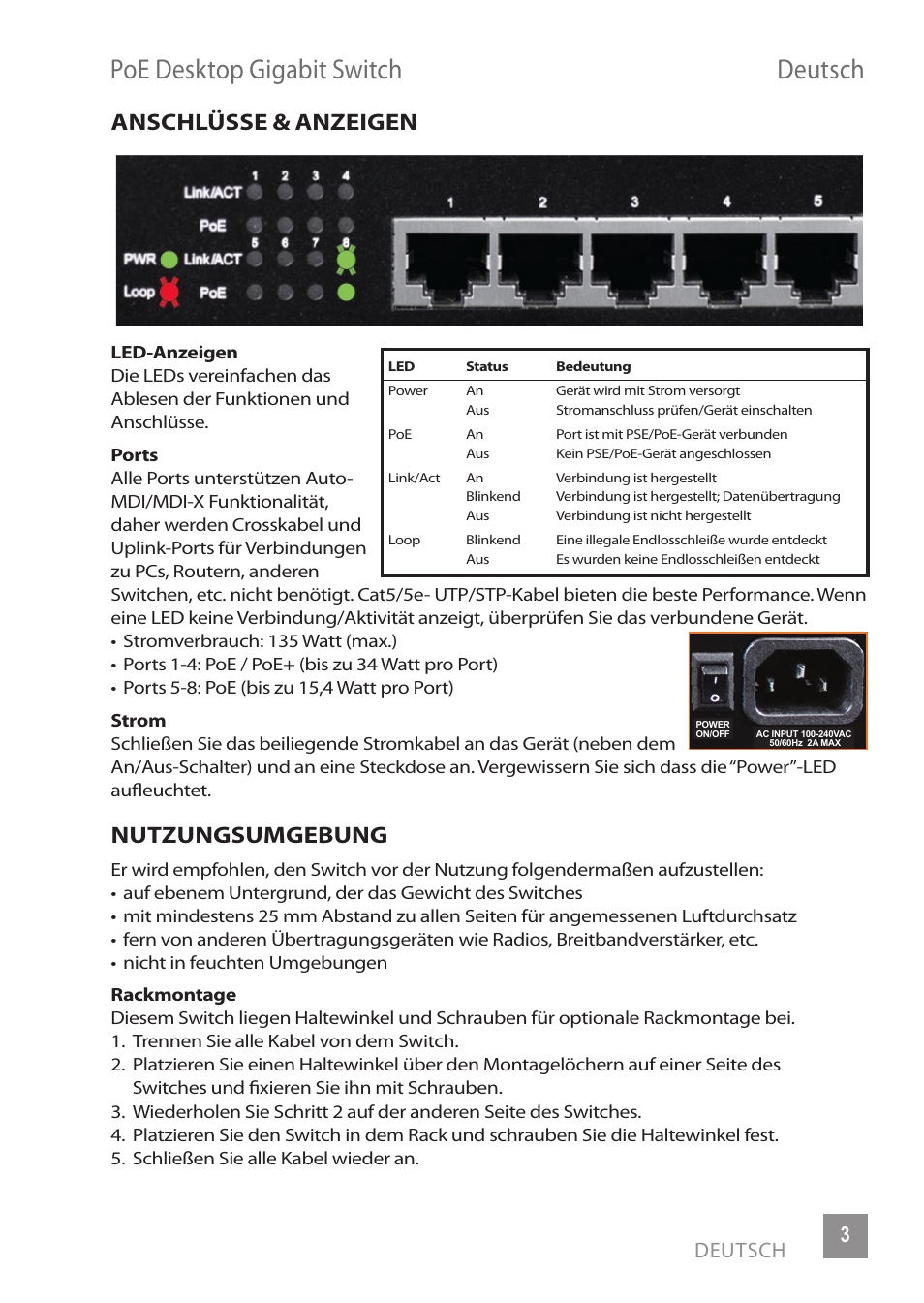 Poe desktop gigabit switch deutsch, Anschlüsse & anzeigen, Nutzungsumgebung | Deutsch 3 | INTELLINET NETWORK 560641 8 Ports Gigabit PoE+ Desktop Ethernet Switch User Manual | Page 3 / 12