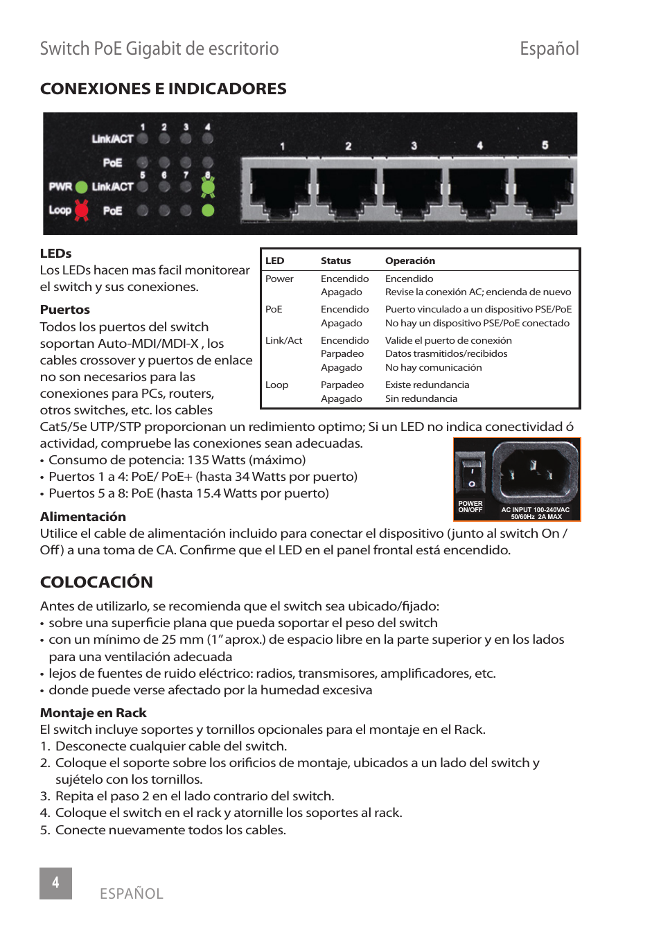 Switch poe gigabit de escritorio español, Conexiones e indicadores, Colocación | 4español | INTELLINET NETWORK 560641 8 Ports Gigabit PoE+ Desktop Ethernet Switch User Manual | Page 4 / 12