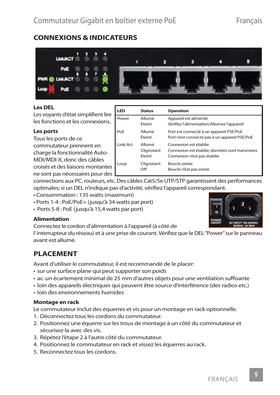 Connexions & indicateurs, Placement, Français 5 | INTELLINET NETWORK 560641 8 Ports Gigabit PoE+ Desktop Ethernet Switch User Manual | Page 5 / 12