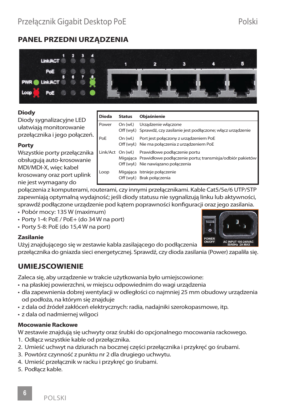 Przełącznik gigabit desktop poe polski, Panel przedni urządzenia, Umiejscowienie | 6polski | INTELLINET NETWORK 560641 8 Ports Gigabit PoE+ Desktop Ethernet Switch User Manual | Page 6 / 12