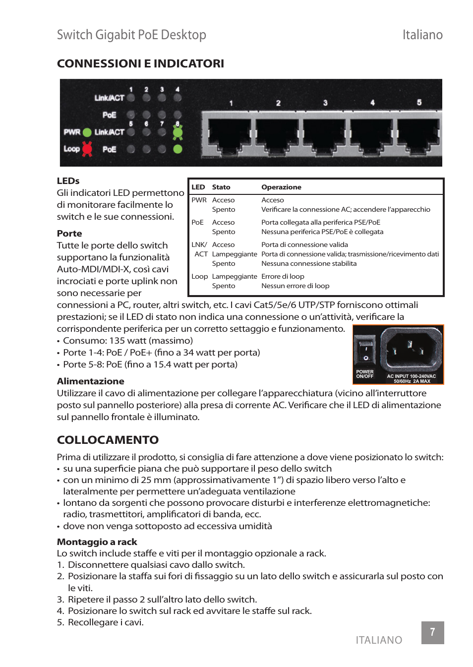 Switch gigabit poe desktop italiano, Connessioni e indicatori, Collocamento | Italiano 7 | INTELLINET NETWORK 560641 8 Ports Gigabit PoE+ Desktop Ethernet Switch User Manual | Page 7 / 12