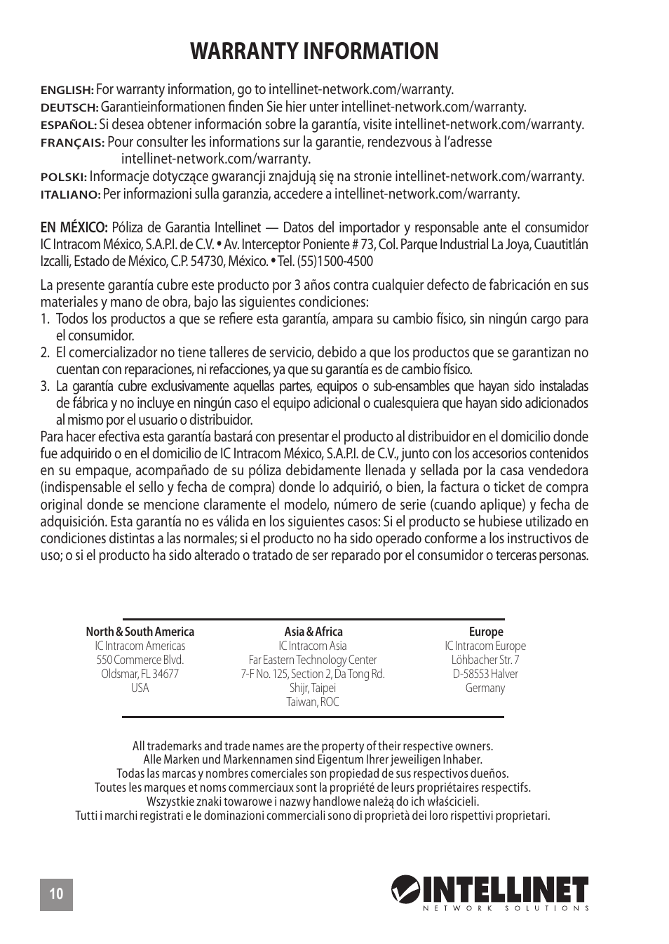 Warranty information | INTELLINET NETWORK 560771 16-Port Fast Ethernet Rackmount PoE+ Switch (8+8) User Manual | Page 10 / 12