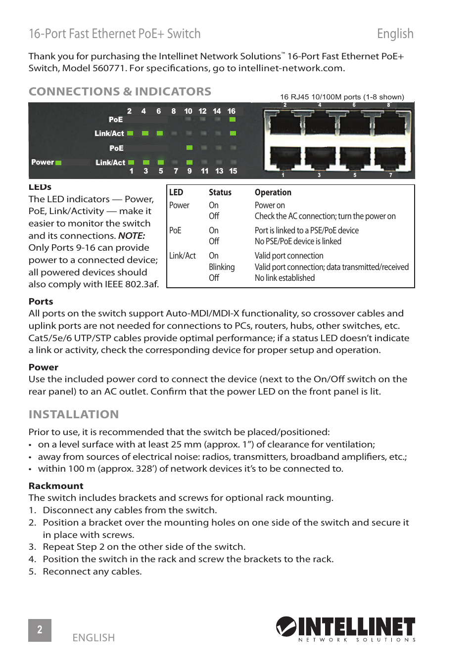 Port fast ethernet poe+ switch english, Connections & indicators, Installation | 2english | INTELLINET NETWORK 560771 16-Port Fast Ethernet Rackmount PoE+ Switch (8+8) User Manual | Page 2 / 12