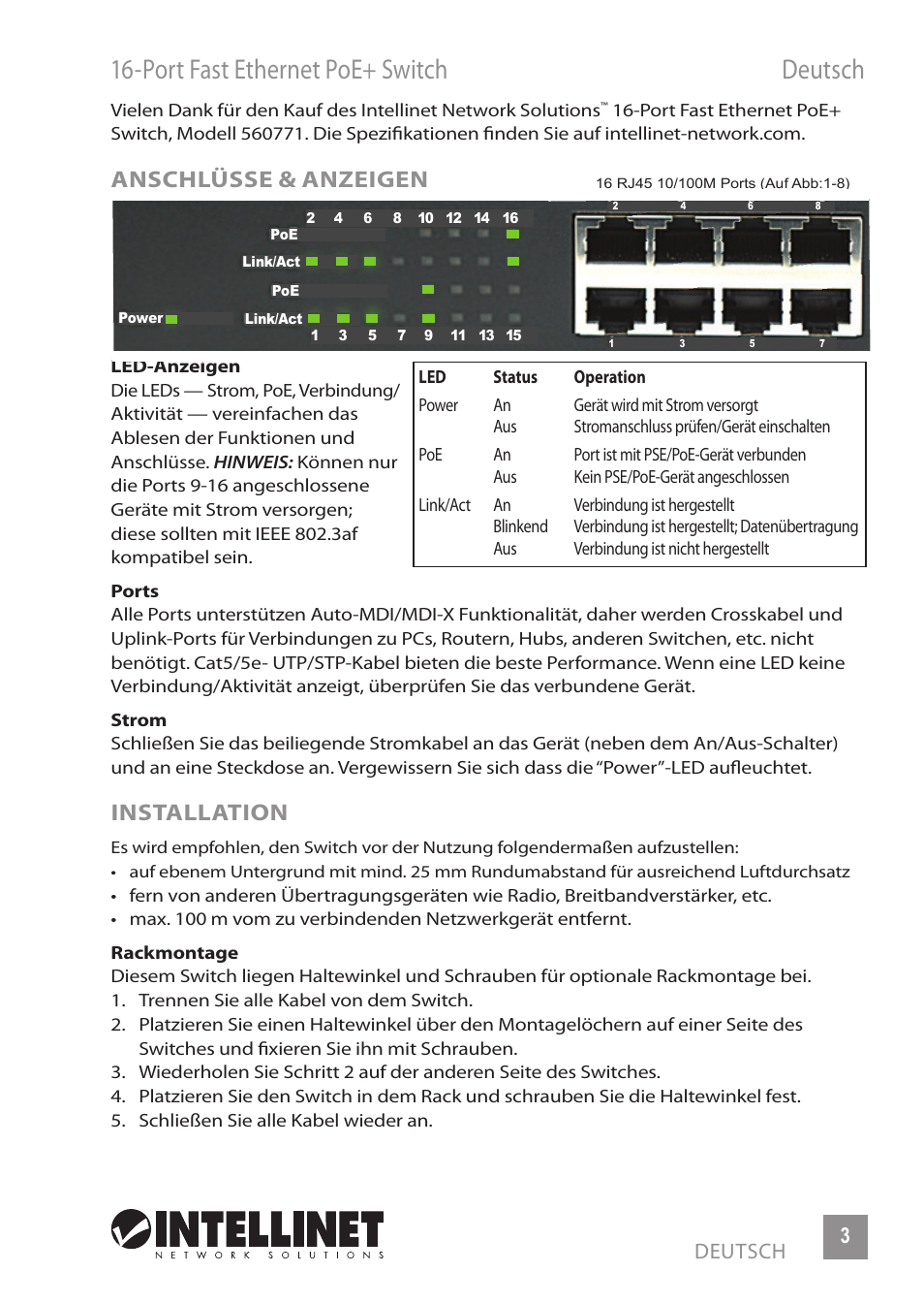Port fast ethernet poe+ switch deutsch, Anschlüsse & anzeigen, Installation | INTELLINET NETWORK 560771 16-Port Fast Ethernet Rackmount PoE+ Switch (8+8) User Manual | Page 3 / 12
