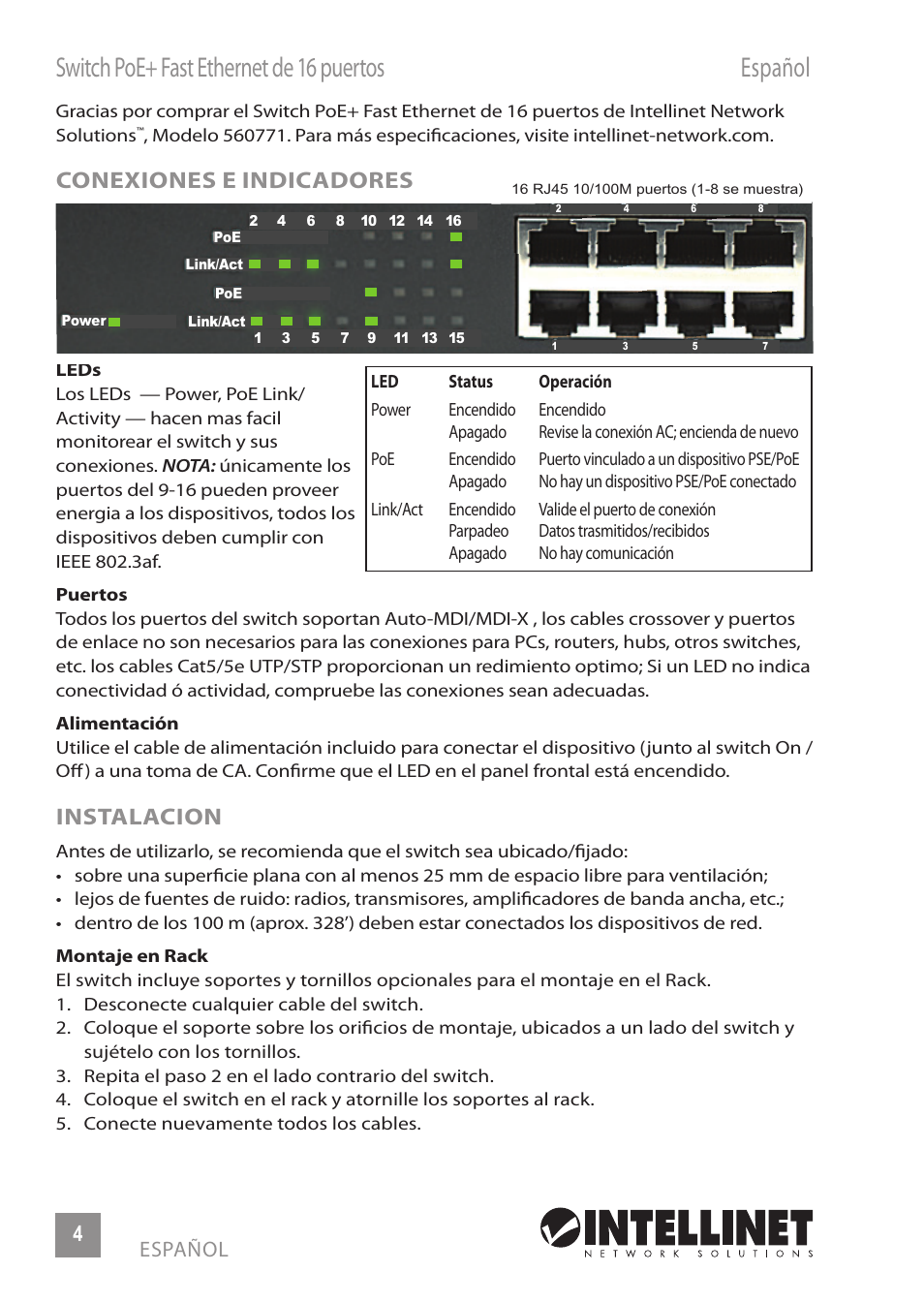 Switch poe+ fast ethernet de 16 puertos español, Conexiones e indicadores, Instalacion | INTELLINET NETWORK 560771 16-Port Fast Ethernet Rackmount PoE+ Switch (8+8) User Manual | Page 4 / 12