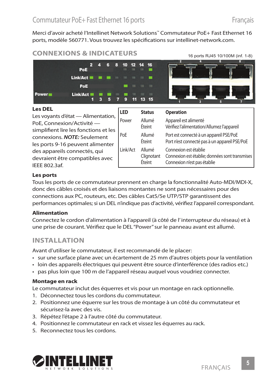 Commutateur poe+ fast ethernet 16 ports français, Connexions & indicateurs, Installation | INTELLINET NETWORK 560771 16-Port Fast Ethernet Rackmount PoE+ Switch (8+8) User Manual | Page 5 / 12