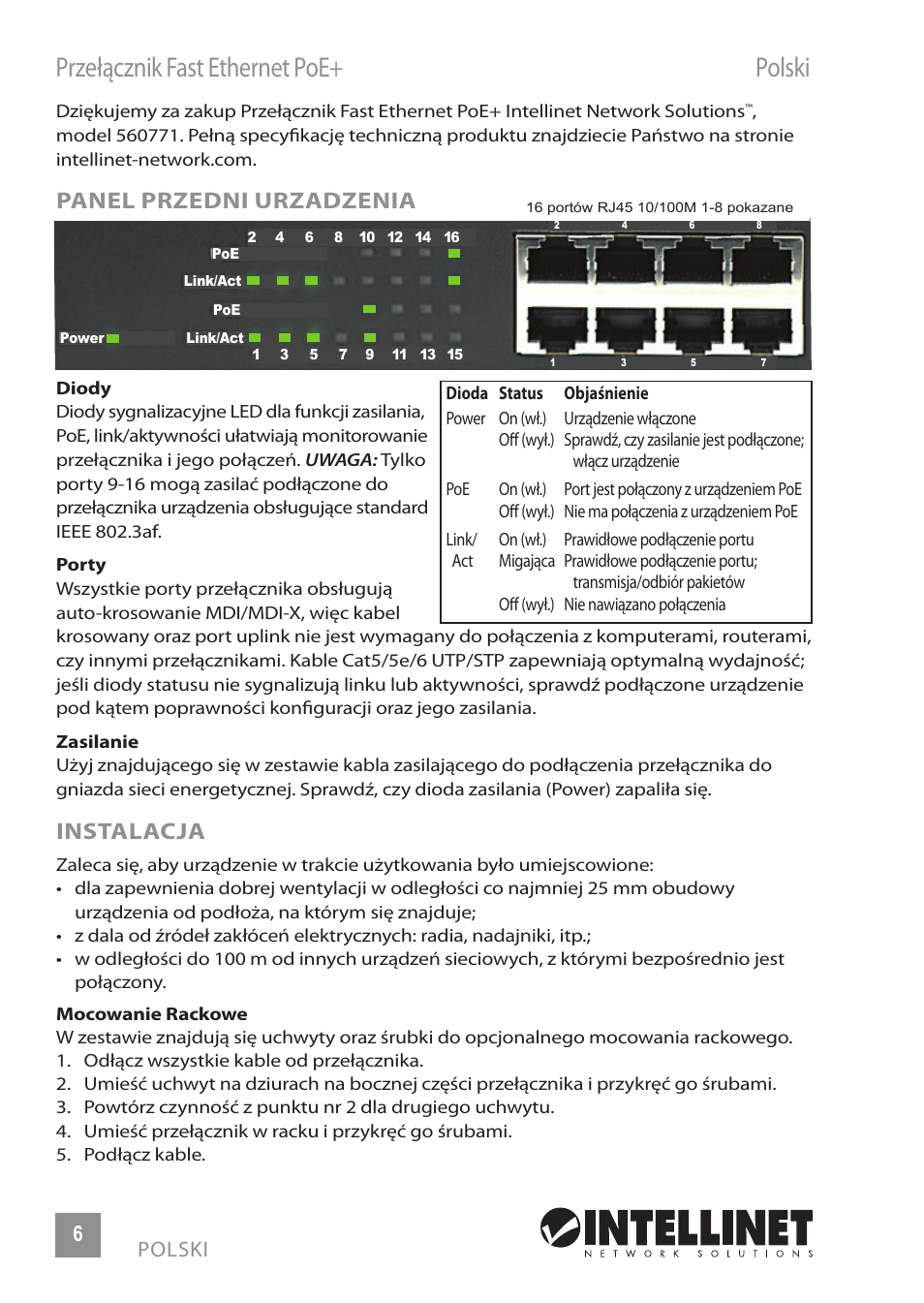 Przełącznik fast ethernet poe+ polski, Panel przedni urządzenia, Instalacja | 6polski | INTELLINET NETWORK 560771 16-Port Fast Ethernet Rackmount PoE+ Switch (8+8) User Manual | Page 6 / 12