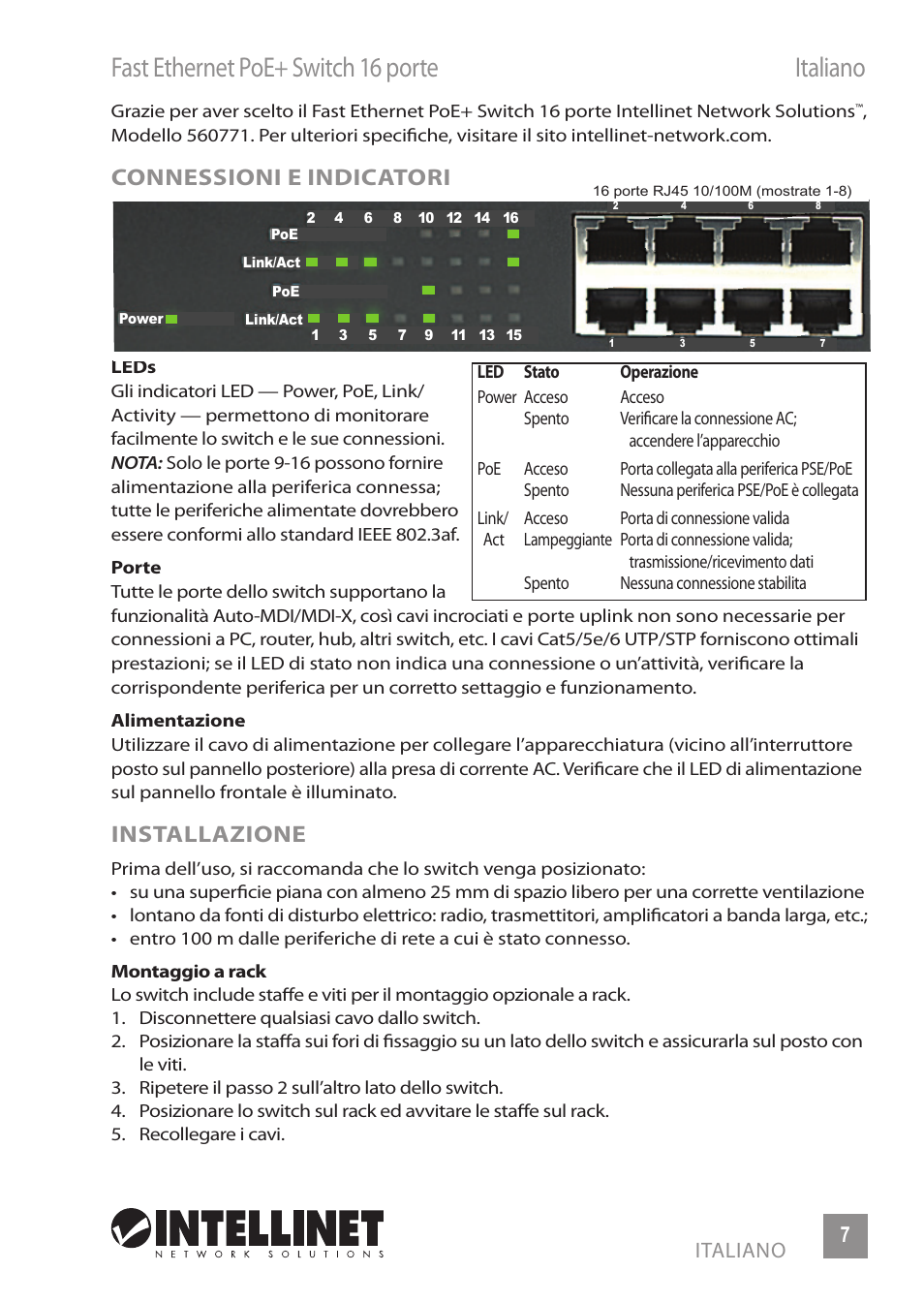 Fast ethernet poe+ switch 16 porte italiano, Connessioni e indicatori, Installazione | INTELLINET NETWORK 560771 16-Port Fast Ethernet Rackmount PoE+ Switch (8+8) User Manual | Page 7 / 12