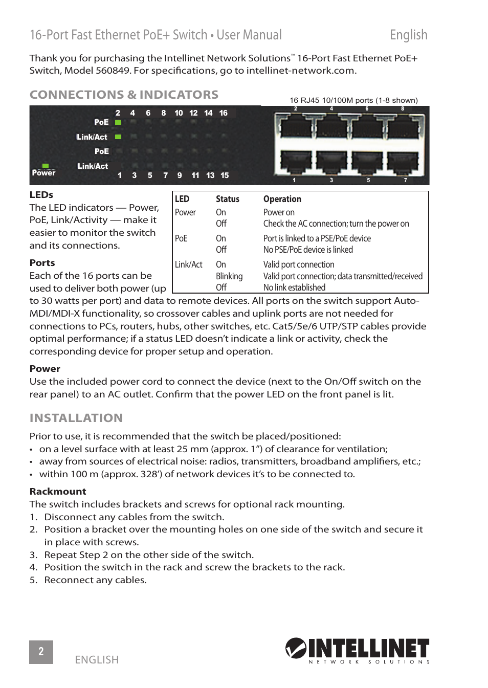 Connections & indicators, Installation, 2english | INTELLINET NETWORK 560849 16-Port Fast Ethernet Rackmount PoE+ Switch, 130w User Manual | Page 2 / 12