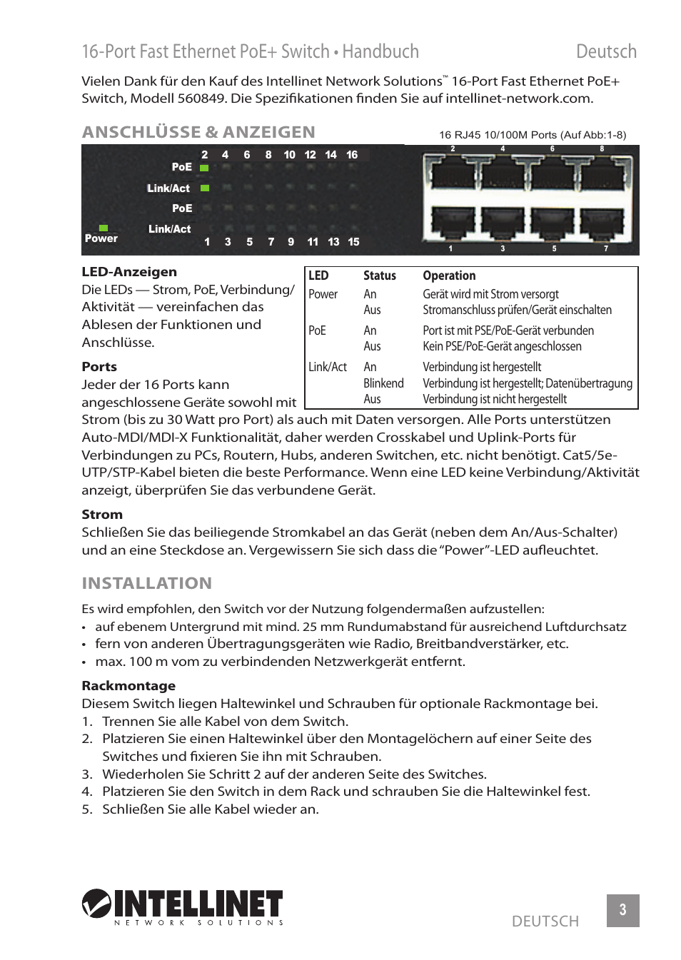 Port fast ethernet poe+ switch • handbuch deutsch, Anschlüsse & anzeigen, Installation | INTELLINET NETWORK 560849 16-Port Fast Ethernet Rackmount PoE+ Switch, 130w User Manual | Page 3 / 12
