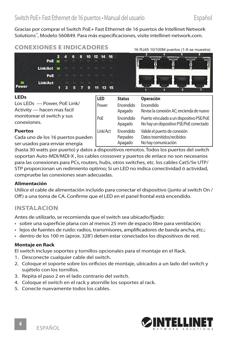 Conexiones e indicadores, Instalacion | INTELLINET NETWORK 560849 16-Port Fast Ethernet Rackmount PoE+ Switch, 130w User Manual | Page 4 / 12