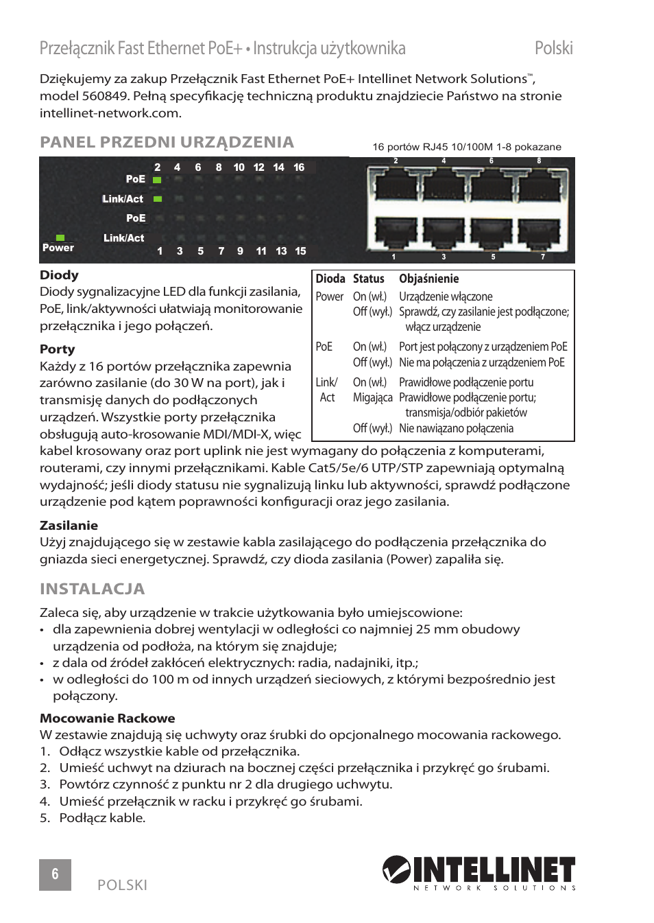 Panel przedni urządzenia, Instalacja, 6polski | INTELLINET NETWORK 560849 16-Port Fast Ethernet Rackmount PoE+ Switch, 130w User Manual | Page 6 / 12