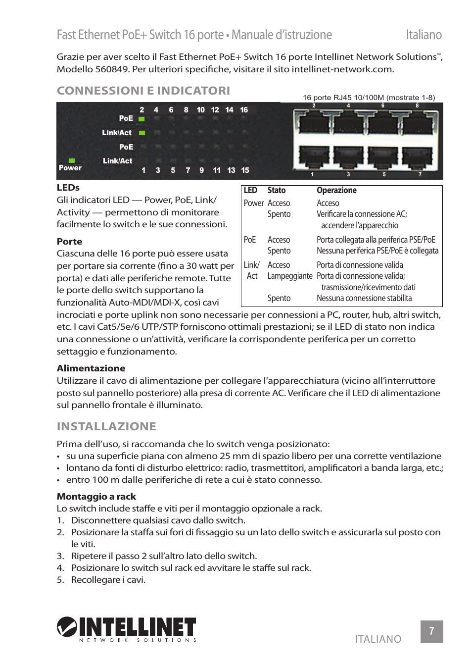 Connessioni e indicatori, Installazione | INTELLINET NETWORK 560849 16-Port Fast Ethernet Rackmount PoE+ Switch, 130w User Manual | Page 7 / 12