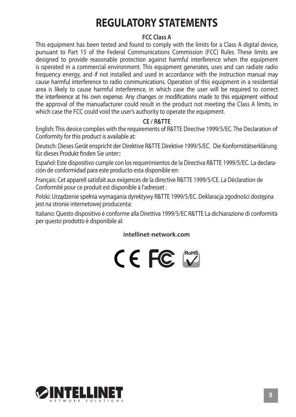 Regulatory statements | INTELLINET NETWORK 560849 16-Port Fast Ethernet Rackmount PoE+ Switch, 130w User Manual | Page 9 / 12
