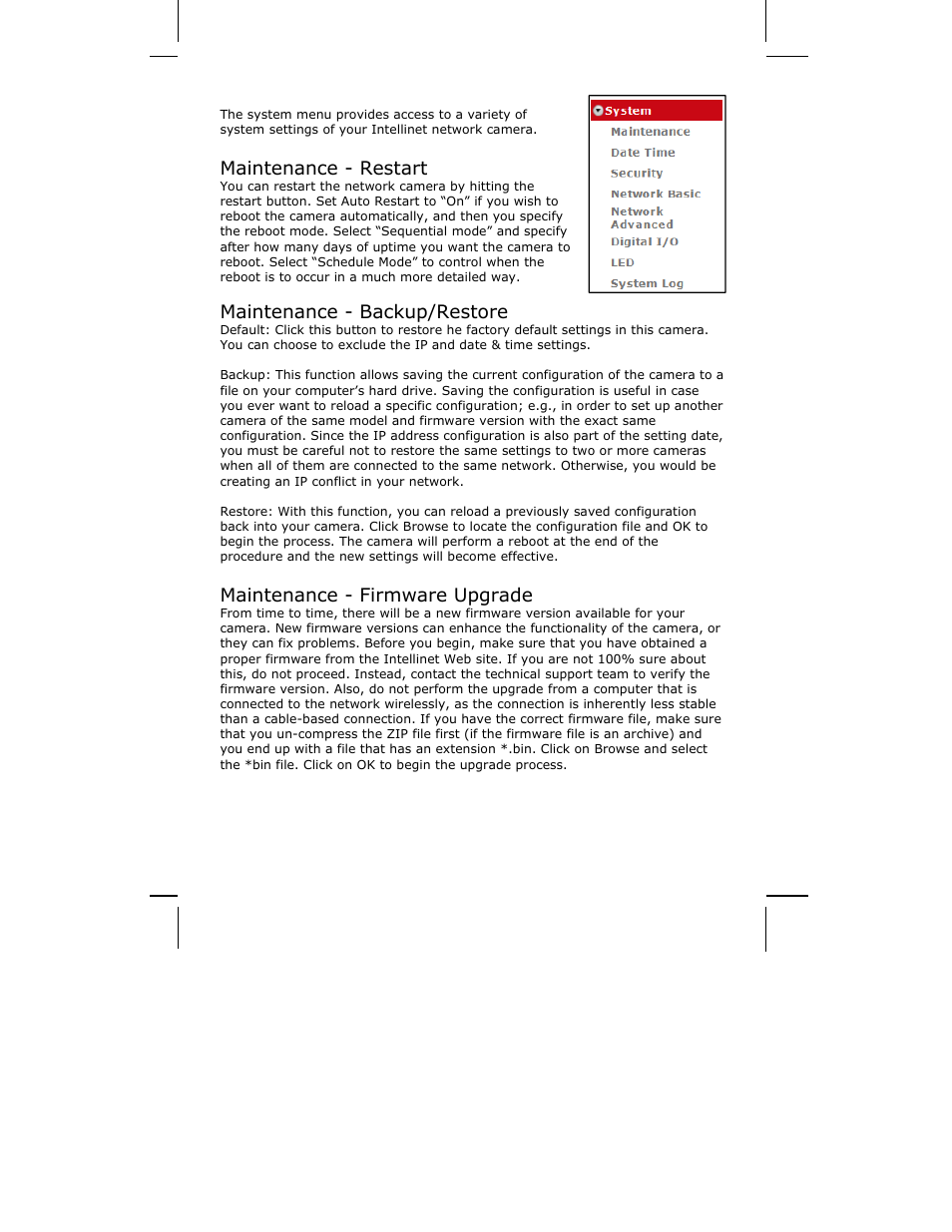 5 system, Maintenance - restart, Maintenance - backup/restore | Maintenance - firmware upgrade | INTELLINET NETWORK ICC-130 User Manual User Manual | Page 62 / 78