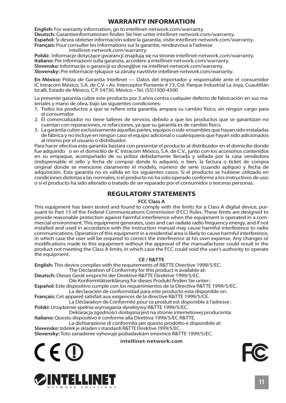 Warranty information, Regulatory statements | INTELLINET NETWORK 524735 Wireless 300N PoE Access Point Quick Install Guide User Manual | Page 11 / 12