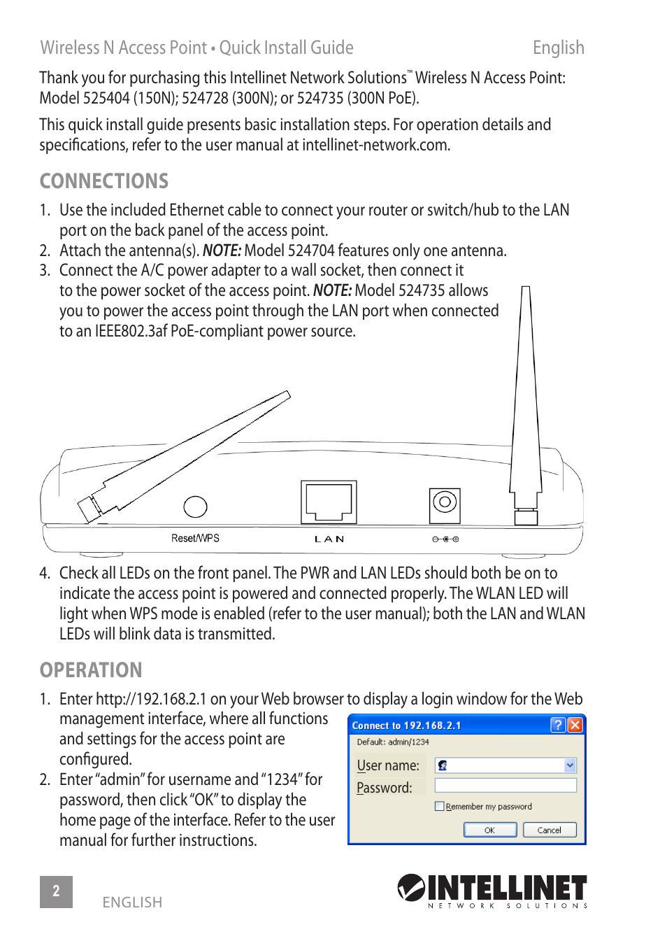 Connections, Operation | INTELLINET NETWORK 524735 Wireless 300N PoE Access Point Quick Install Guide User Manual | Page 2 / 12