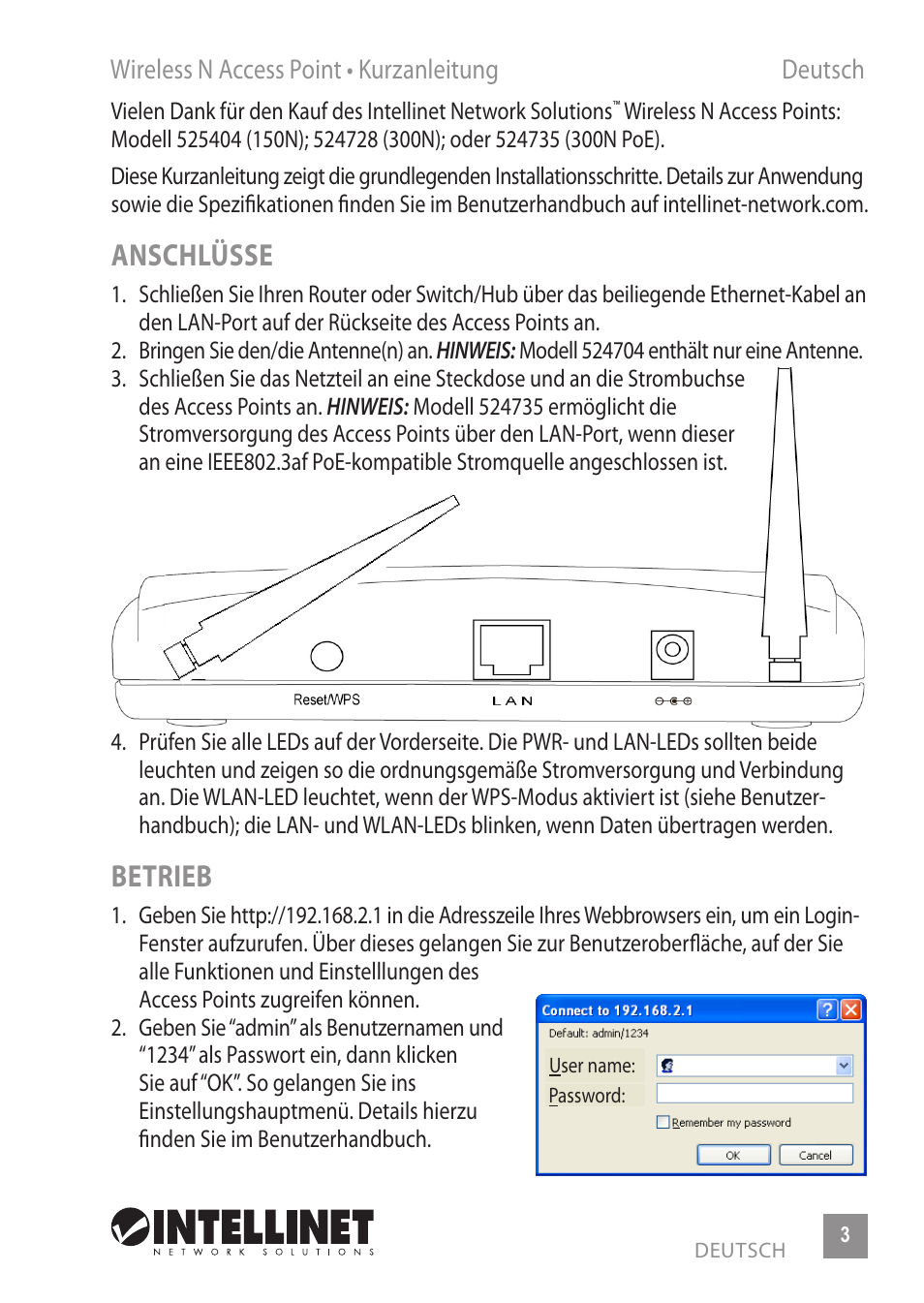 Anschlüsse, Betrieb, Wireless n access point • kurzanleitung deutsch | INTELLINET NETWORK 524735 Wireless 300N PoE Access Point Quick Install Guide User Manual | Page 3 / 12