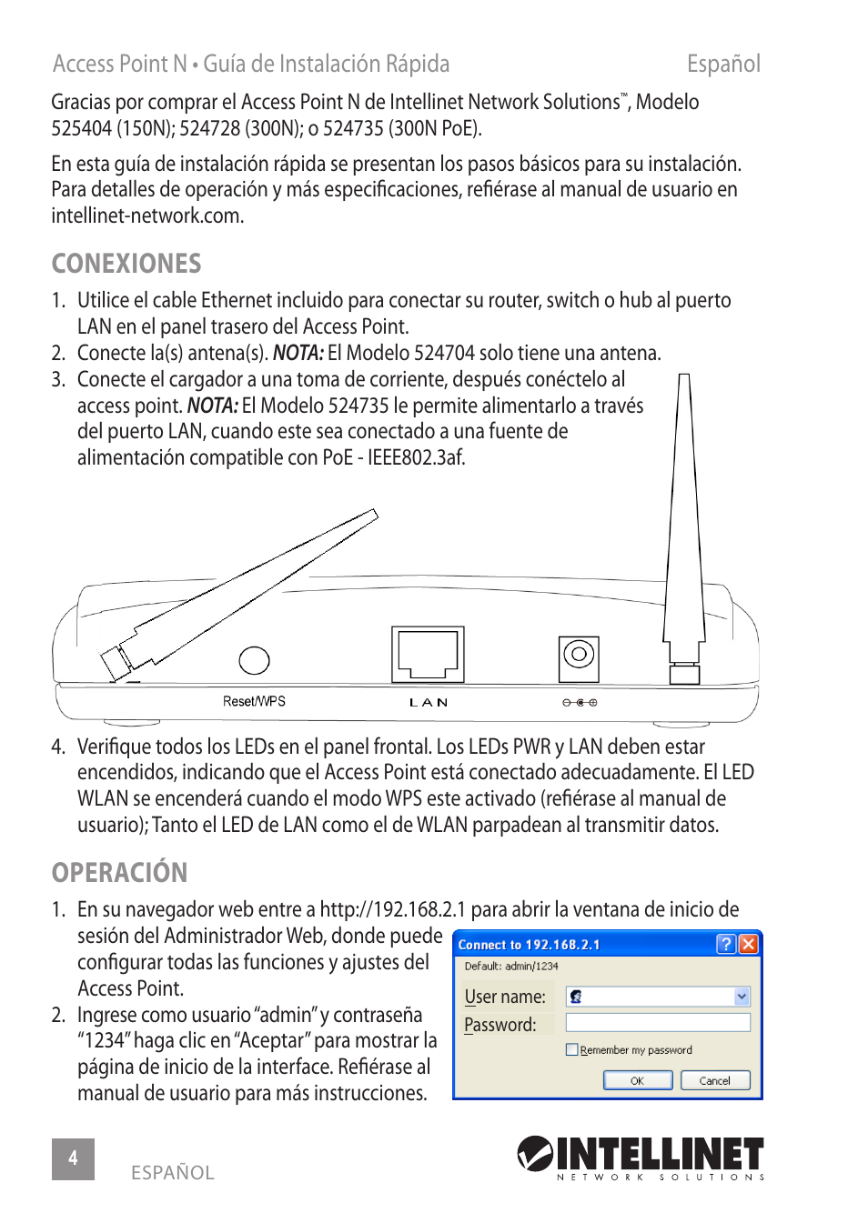 Conexiones, Operación | INTELLINET NETWORK 524735 Wireless 300N PoE Access Point Quick Install Guide User Manual | Page 4 / 12