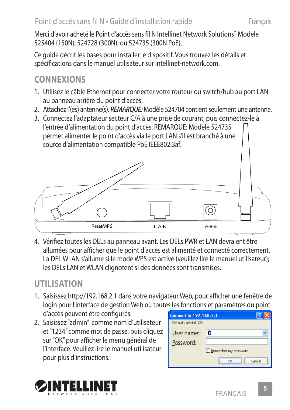 Connexions, Utilisation | INTELLINET NETWORK 524735 Wireless 300N PoE Access Point Quick Install Guide User Manual | Page 5 / 12