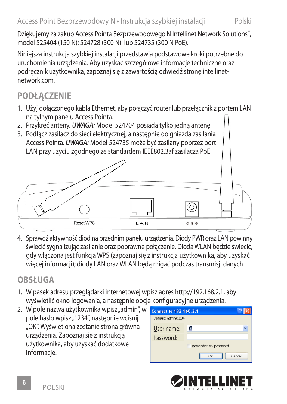 Podłączenie, Obsługa | INTELLINET NETWORK 524735 Wireless 300N PoE Access Point Quick Install Guide User Manual | Page 6 / 12