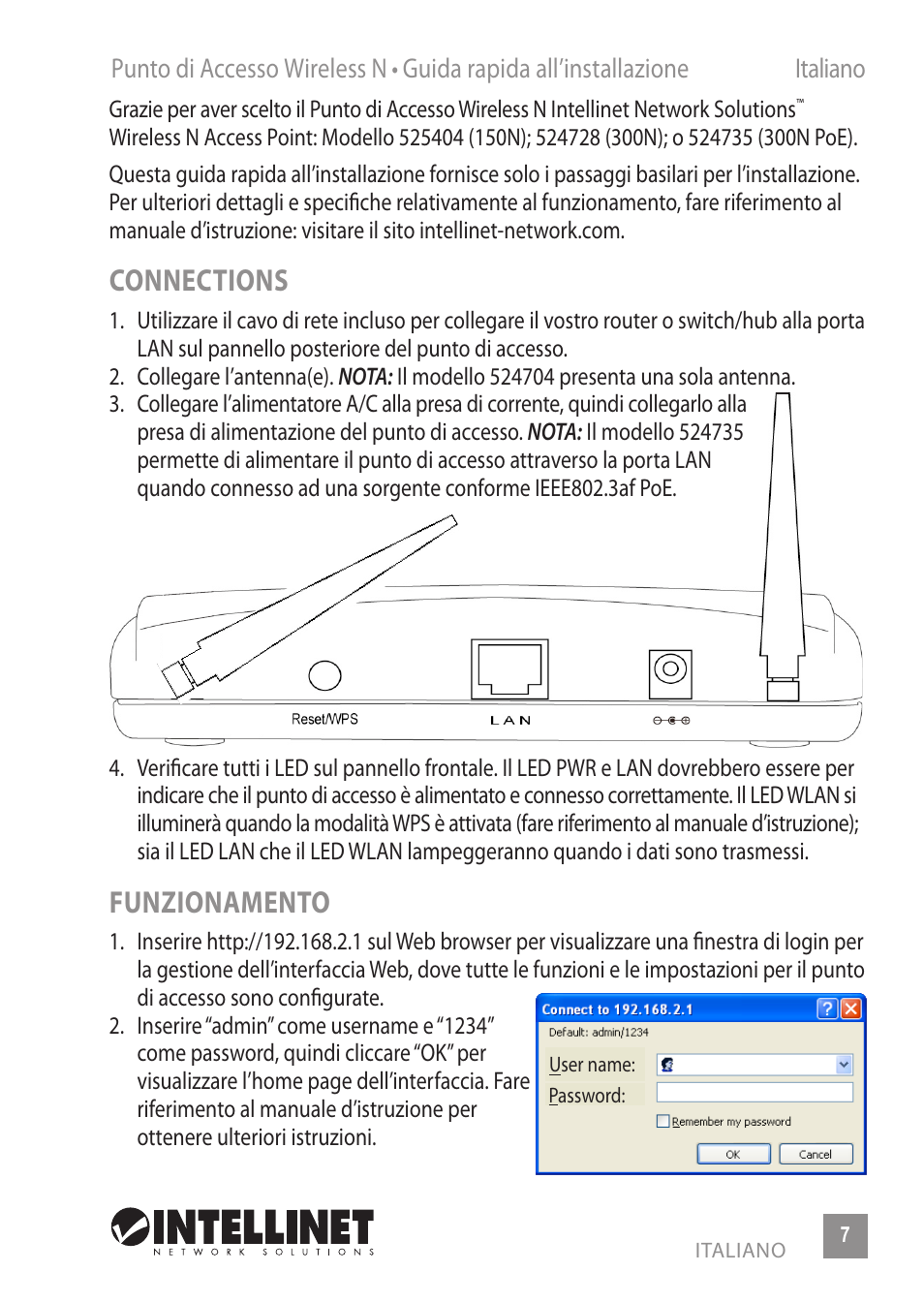 Connections, Funzionamento | INTELLINET NETWORK 524735 Wireless 300N PoE Access Point Quick Install Guide User Manual | Page 7 / 12