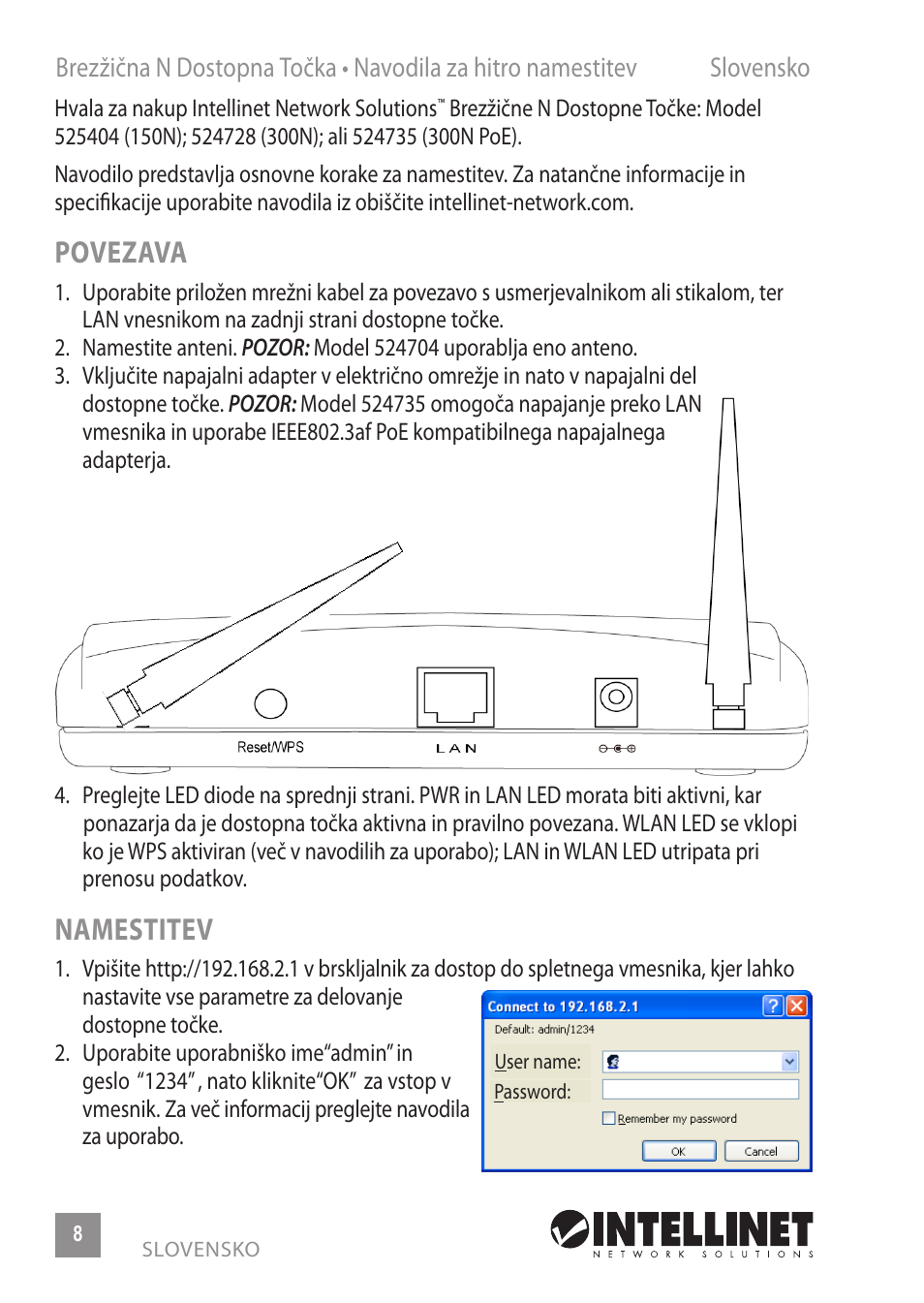 Povezava, Namestitev | INTELLINET NETWORK 524735 Wireless 300N PoE Access Point Quick Install Guide User Manual | Page 8 / 12