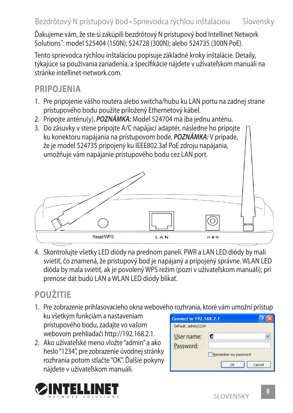 Pripojenia, Použitie | INTELLINET NETWORK 524735 Wireless 300N PoE Access Point Quick Install Guide User Manual | Page 9 / 12