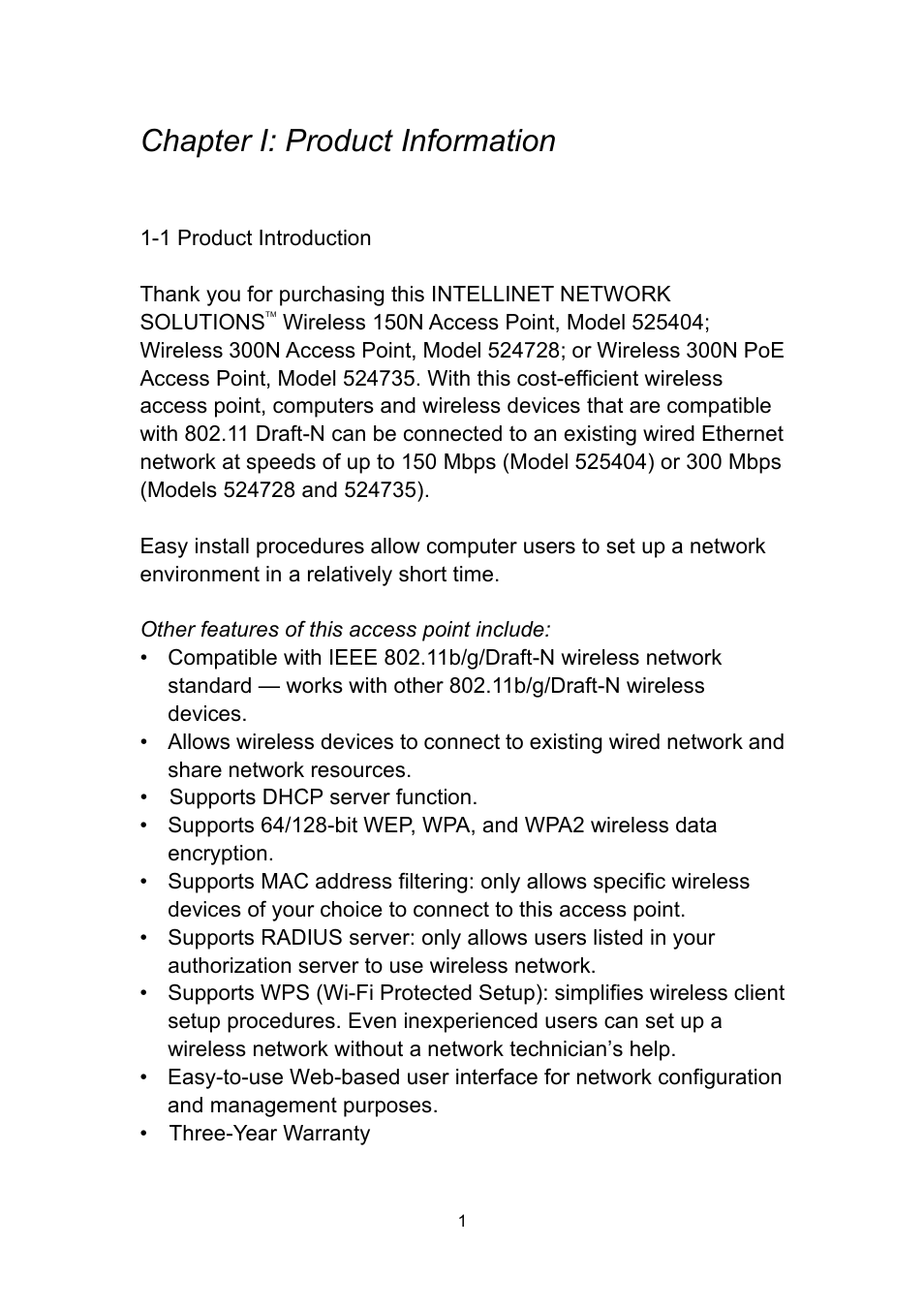 Chapter i: product information | INTELLINET NETWORK 524735 Wireless 300N PoE Access Point User Manual User Manual | Page 7 / 80