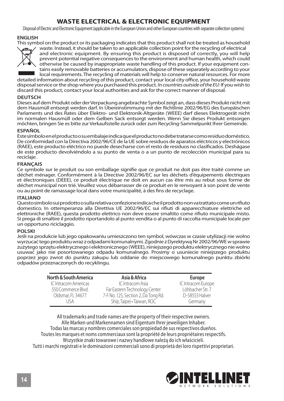 Waste electrical & electronic equipment | INTELLINET NETWORK 524711 Wireless 300N Outdoor PoE Access Point Quick Install Guide User Manual | Page 14 / 16