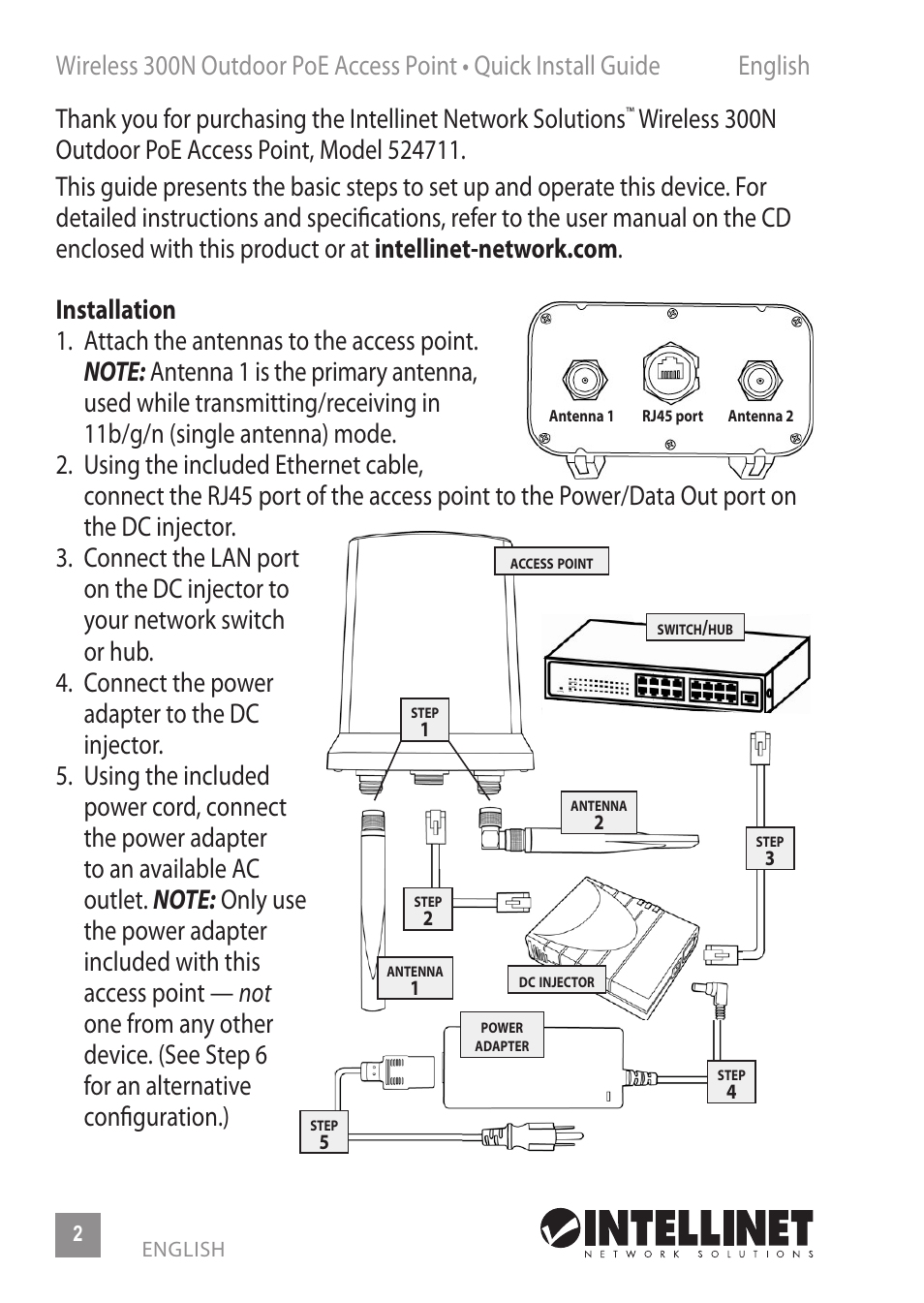 INTELLINET NETWORK 524711 Wireless 300N Outdoor PoE Access Point Quick Install Guide User Manual | Page 2 / 16