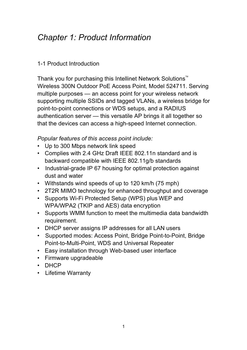 Chapter 1: product information | INTELLINET NETWORK 524711 Wireless 300N Outdoor PoE Access Point User Manual User Manual | Page 7 / 82