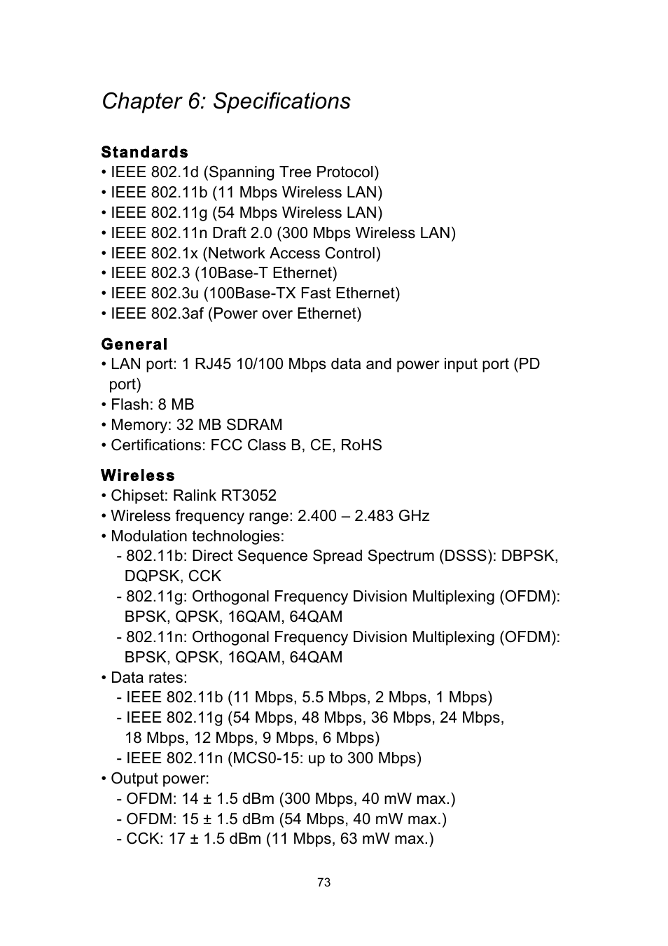 Chapter 6: specifications | INTELLINET NETWORK 524711 Wireless 300N Outdoor PoE Access Point User Manual User Manual | Page 79 / 82