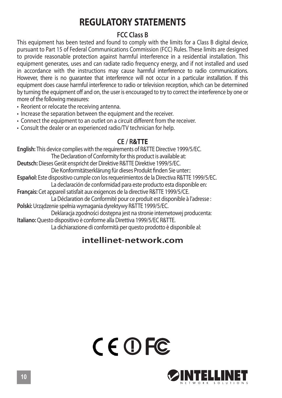 Regulatory statements | INTELLINET NETWORK 525251 300N High-Power PoE Access Point Quick Install Guide User Manual | Page 10 / 12