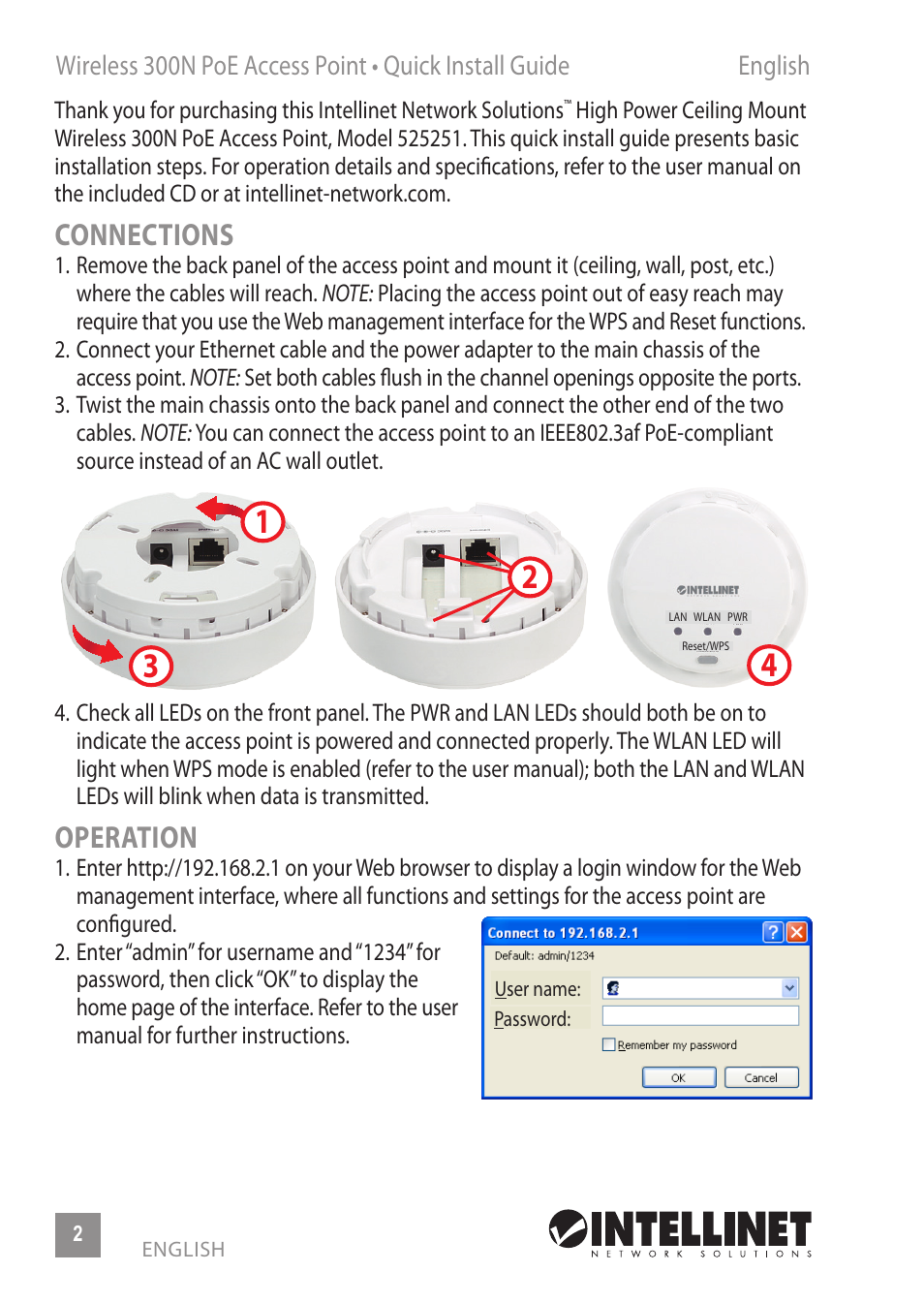 Connections, Operation | INTELLINET NETWORK 525251 300N High-Power PoE Access Point Quick Install Guide User Manual | Page 2 / 12