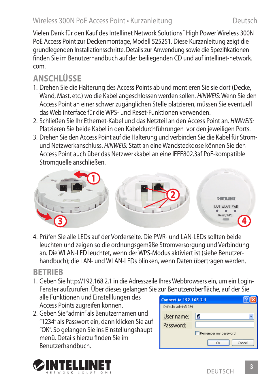 Anschlüsse, Betrieb | INTELLINET NETWORK 525251 300N High-Power PoE Access Point Quick Install Guide User Manual | Page 3 / 12