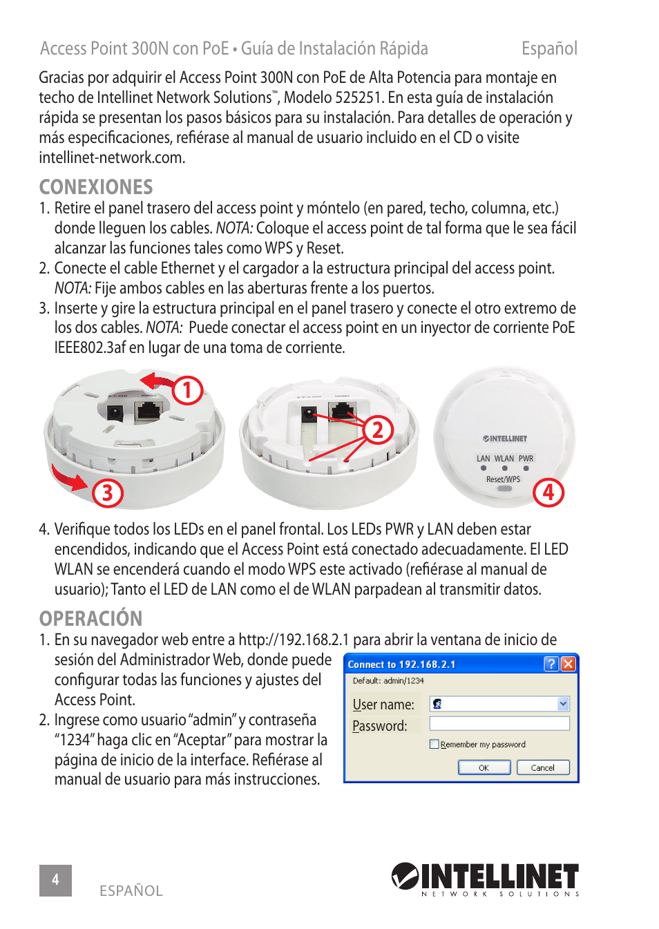 Conexiones, Operación | INTELLINET NETWORK 525251 300N High-Power PoE Access Point Quick Install Guide User Manual | Page 4 / 12