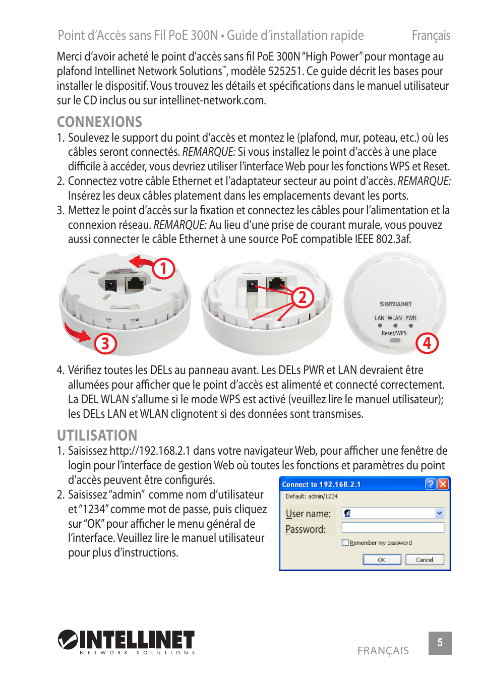 Connexions, Utilisation | INTELLINET NETWORK 525251 300N High-Power PoE Access Point Quick Install Guide User Manual | Page 5 / 12