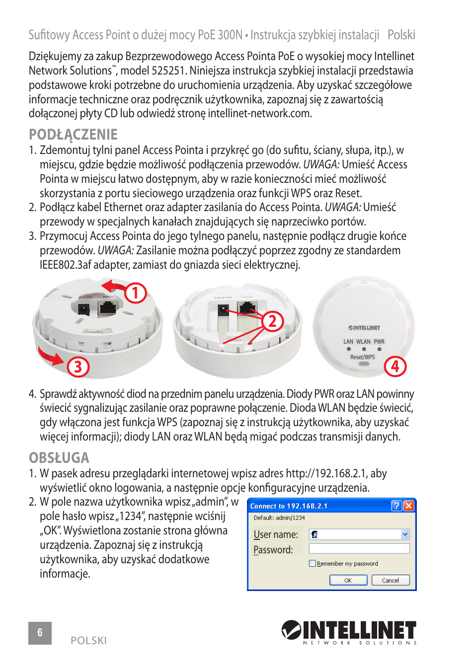 Podłączenie, Obsługa | INTELLINET NETWORK 525251 300N High-Power PoE Access Point Quick Install Guide User Manual | Page 6 / 12