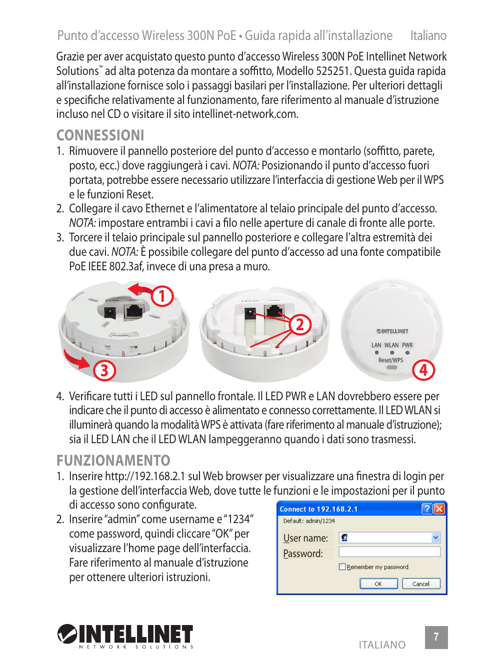 Connessioni, Funzionamento | INTELLINET NETWORK 525251 300N High-Power PoE Access Point Quick Install Guide User Manual | Page 7 / 12