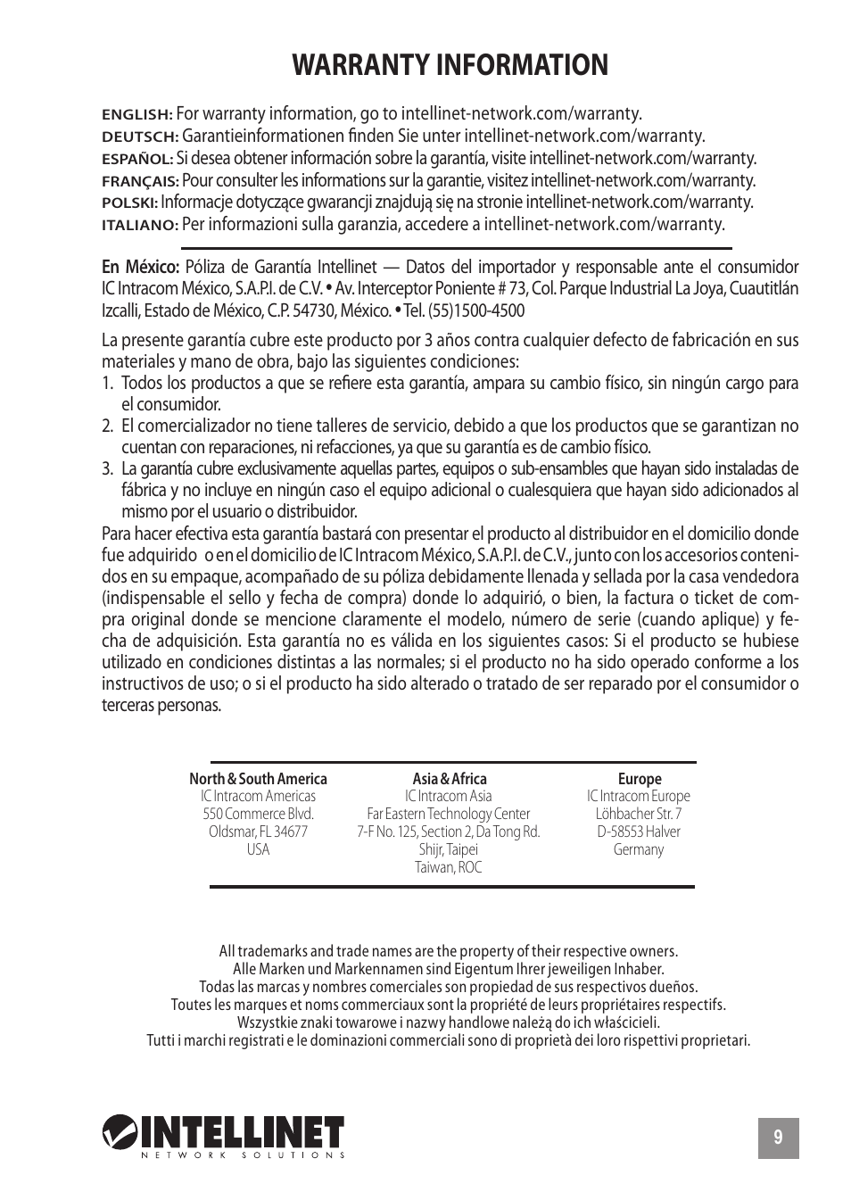 Warranty information | INTELLINET NETWORK 525251 300N High-Power PoE Access Point Quick Install Guide User Manual | Page 9 / 12