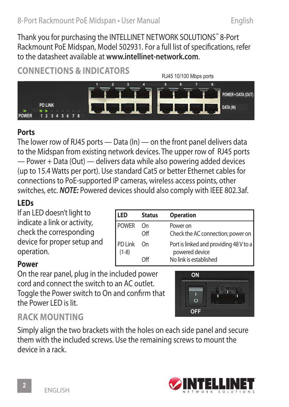 Connections & indicators, Rack mounting | INTELLINET NETWORK 502931 8-Port Rackmount PoE Midspan User Manual | Page 2 / 12