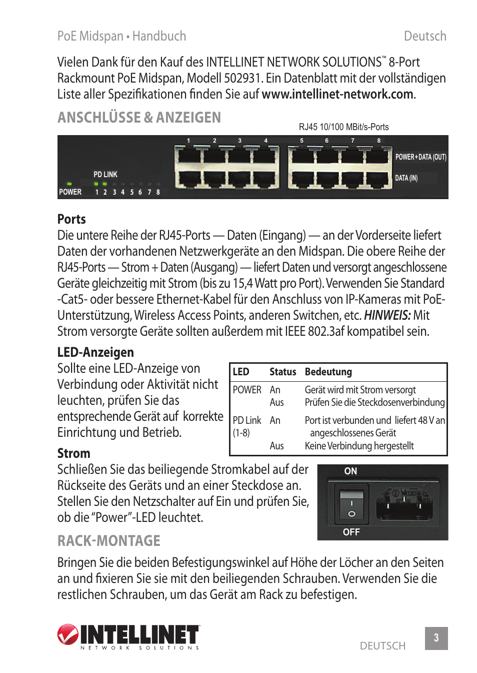 Anschlüsse & anzeigen, Rack-montage | INTELLINET NETWORK 502931 8-Port Rackmount PoE Midspan User Manual | Page 3 / 12