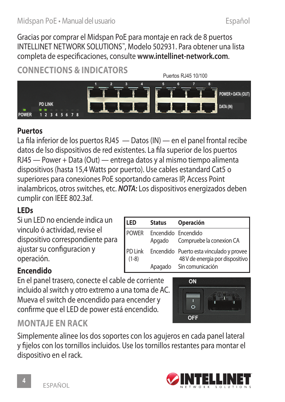 Connections & indicators, Montaje en rack | INTELLINET NETWORK 502931 8-Port Rackmount PoE Midspan User Manual | Page 4 / 12