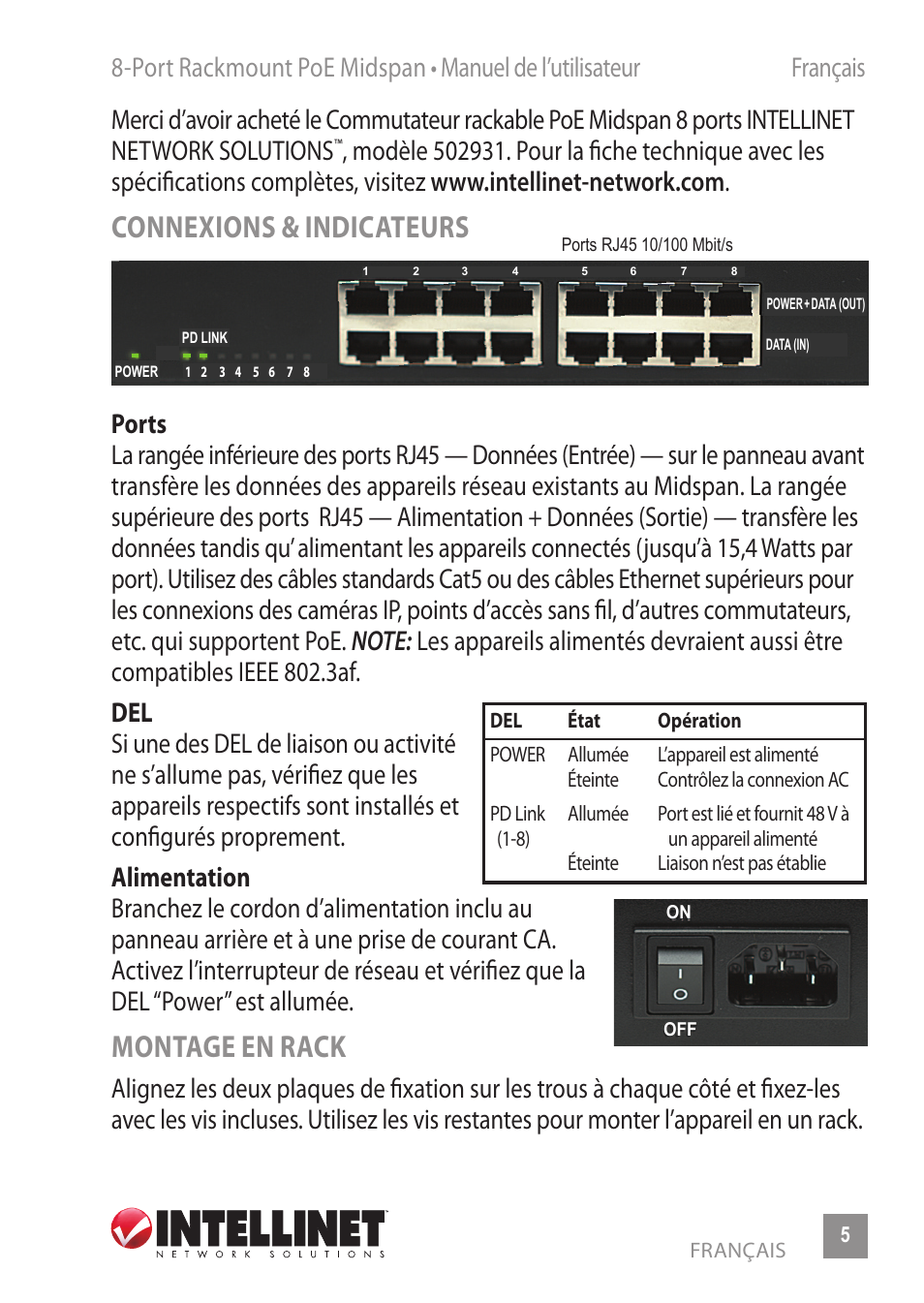 Connexions & indicateurs, Montage en rack | INTELLINET NETWORK 502931 8-Port Rackmount PoE Midspan User Manual | Page 5 / 12