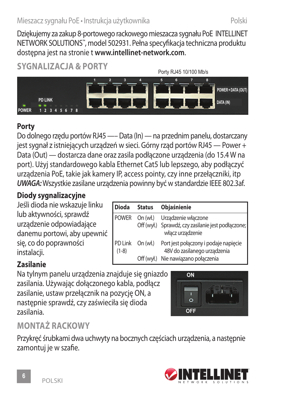 Sygnalizacja & porty, Montaż rackowy | INTELLINET NETWORK 502931 8-Port Rackmount PoE Midspan User Manual | Page 6 / 12